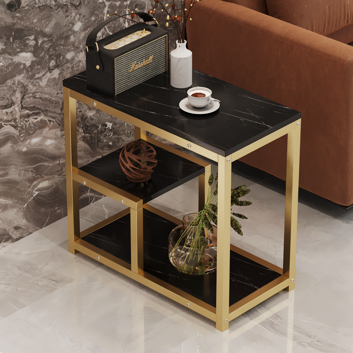 Briar Side Table Marble 3 Shelf Bedside Sofa Table Plant Stand (Black Gold)