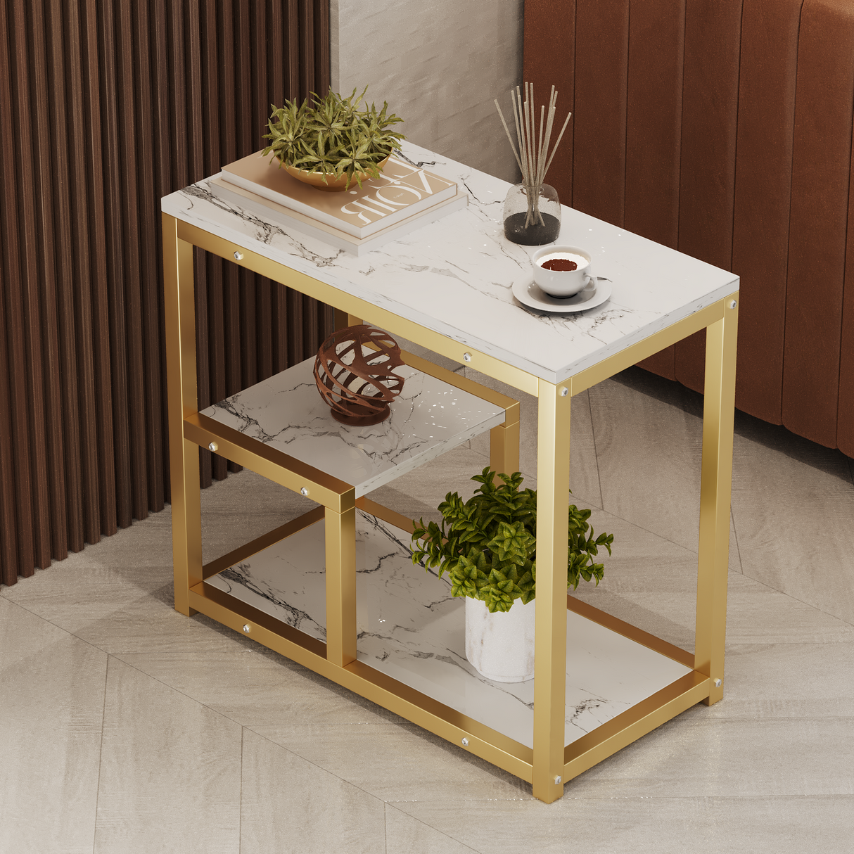 Briar Side Table Marble 3 Shelf Bedside Sofa Table Plant Stand (White Gold)