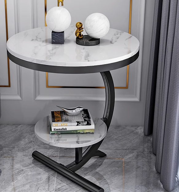 Luna Side Table Marble 2 Shelf Bedside Sofa Table Round (White)