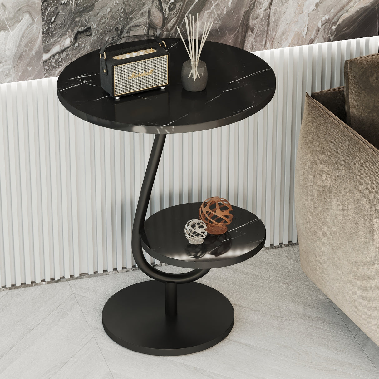 Ovo Side Table Marble 2 Shelf Curved Bedside Sofa Table Round (Black)