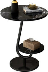 Ovo Side Table Marble 2 Shelf Curved Bedside Sofa Table Round (Black)