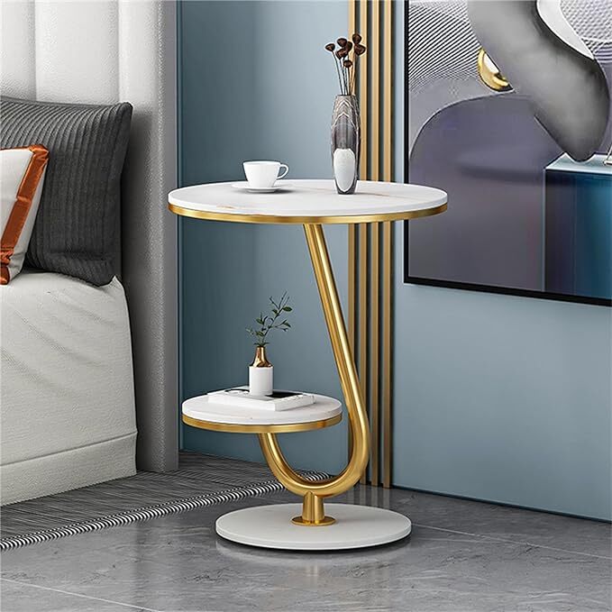 Ovo Side Table Marble 2 Shelf Curved Bedside Sofa Table Round (White & Gold)