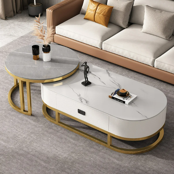 Monaco Marble Coffee Table Set Gloss Finish With Storage Drawer (White & Grey)